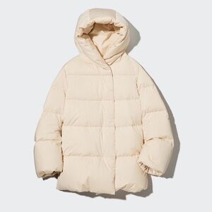 Uniqlo Women's Powder Feel Down Half Coat in Natural